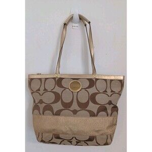 Vintage Coach Signature Stripe Tote Khaki Brown Canvas Shoulder Bag Purse F15112